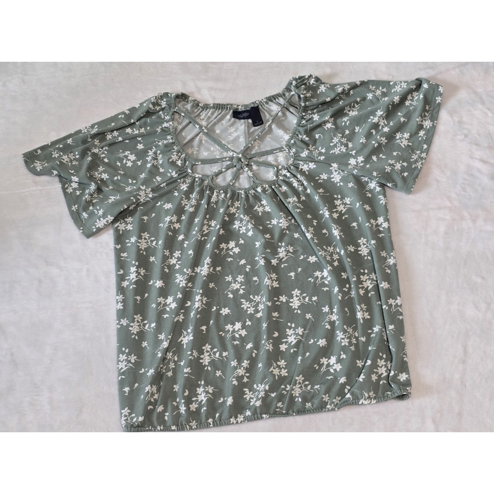 Daytrip womens large olive green ditsy floral print keyhole short sleeve cottage